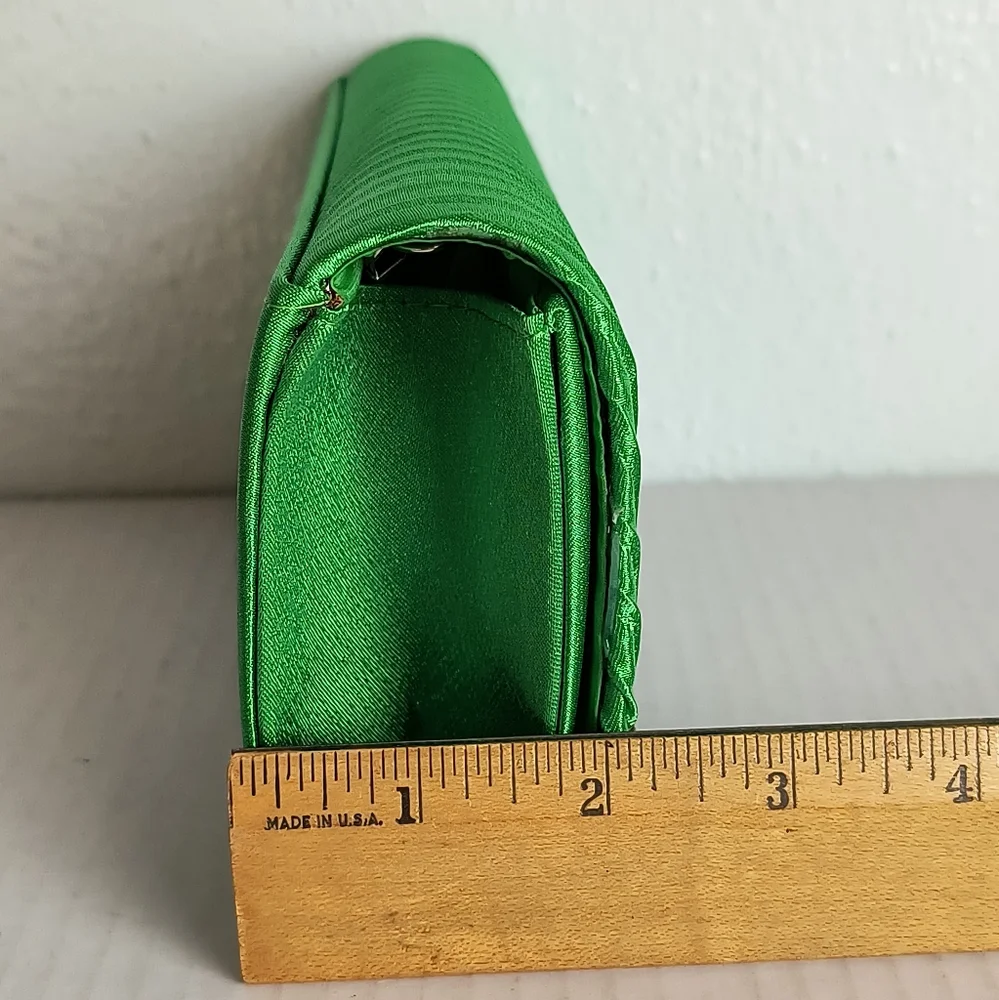 Green Shimmering Satin Evening Clutch Bag Pleated Snap Closure Faux Rhinestone